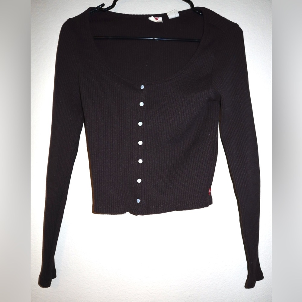 Women's Brown Long Sleeve Button-Up Top